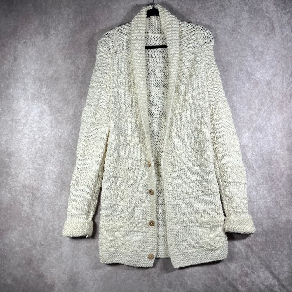 Women Cardigan Sweater L Cream Chunky Knit Shawl Collar Button Front Cottagecore